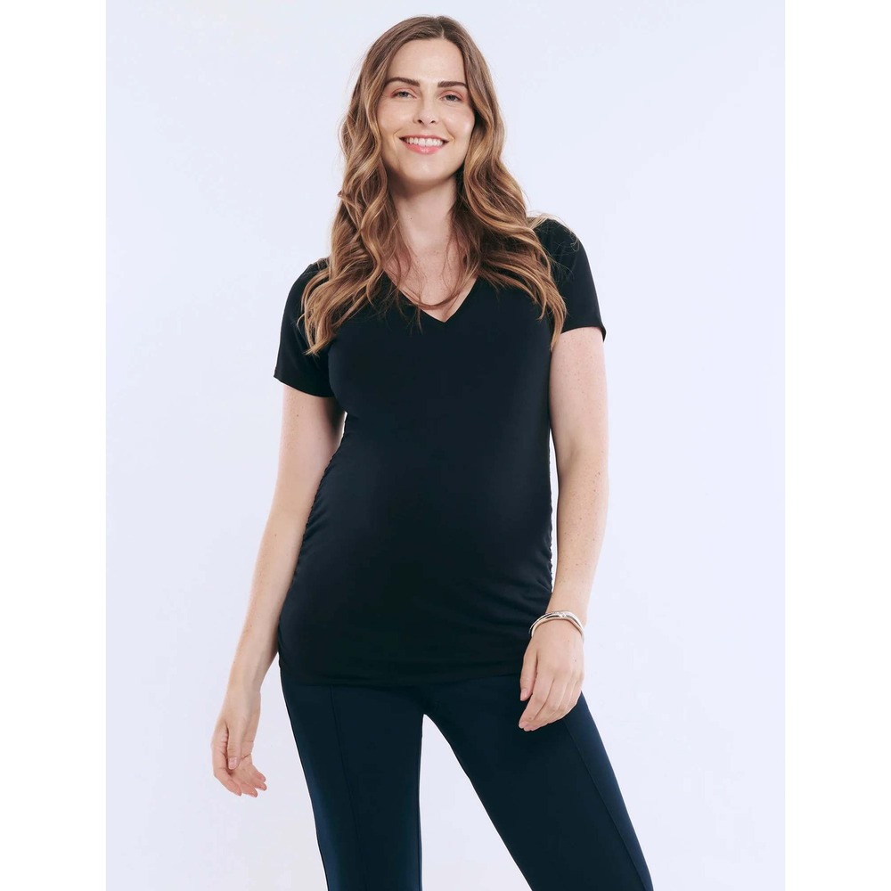 Motherhood Maternity Black V-Neck Ruched Short Sleeve T-Shirt Size Medium M